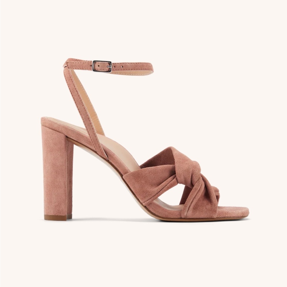 Chic Suede Women's Sandals in Nude pink. Heel height 3.5 inches. Made in Spain.